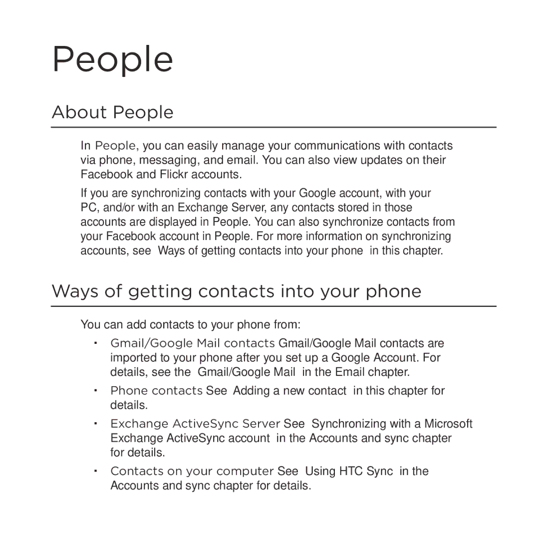 HTC HTC Desire manual About People, Ways of getting contacts into your phone 