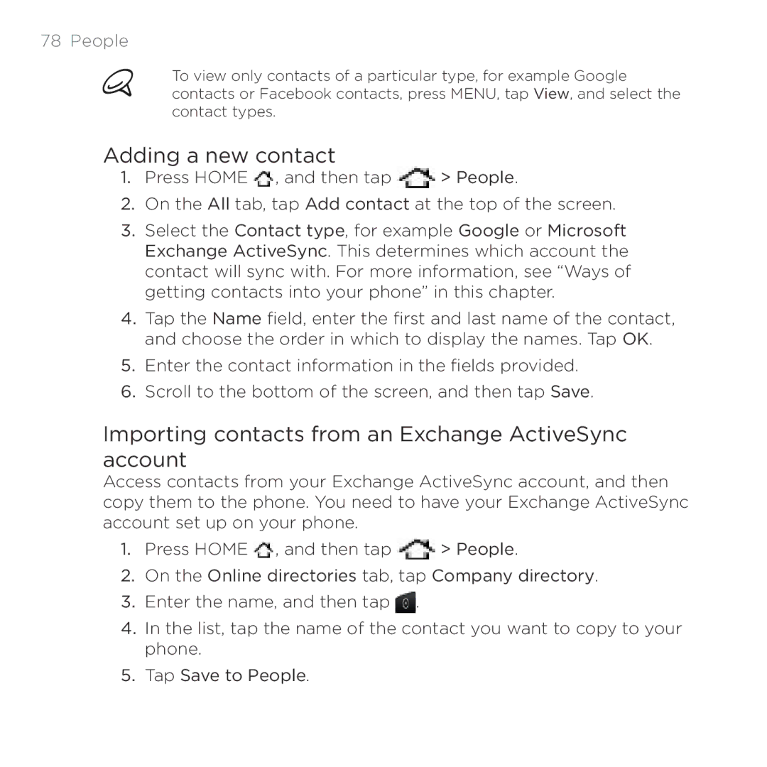 HTC HTC Desire manual Adding a new contact, Importing contacts from an Exchange ActiveSync account 