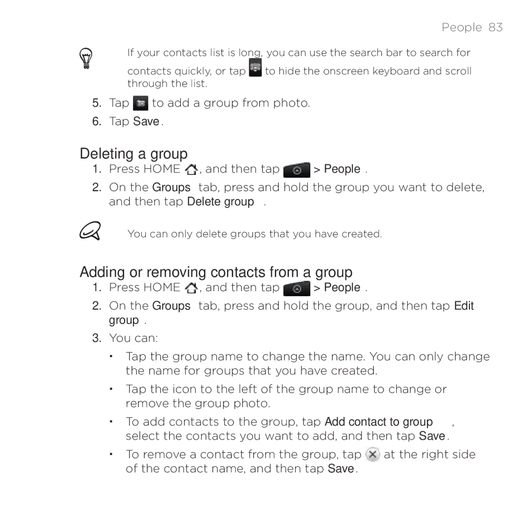 HTC HTC Desire manual Deleting a group, Adding or removing contacts from a group 