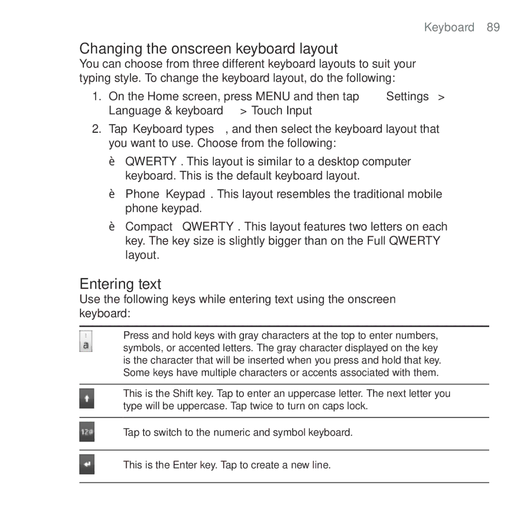 HTC HTC Desire manual Changing the onscreen keyboard layout, Entering text, Keyboard  