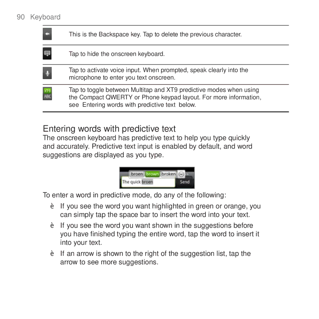 HTC HTC Desire manual Entering words with predictive text, Keyboard 