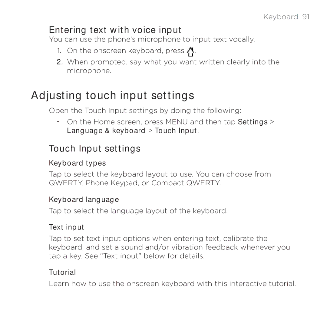 HTC HTC Desire manual Adjusting touch input settings, Entering text with voice input, Touch Input settings 