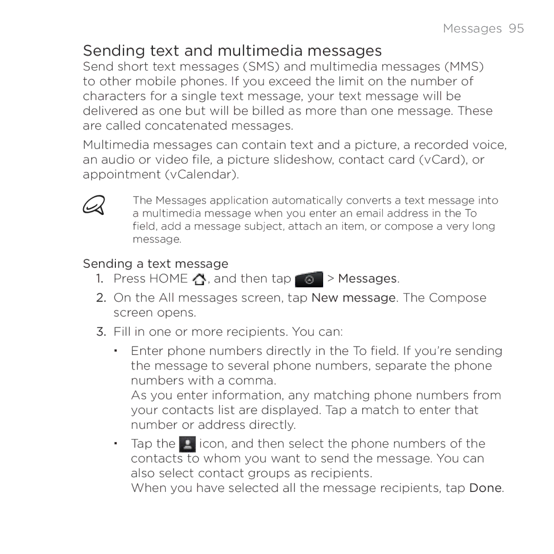 HTC HTC Desire manual Sending text and multimedia messages, Messages  