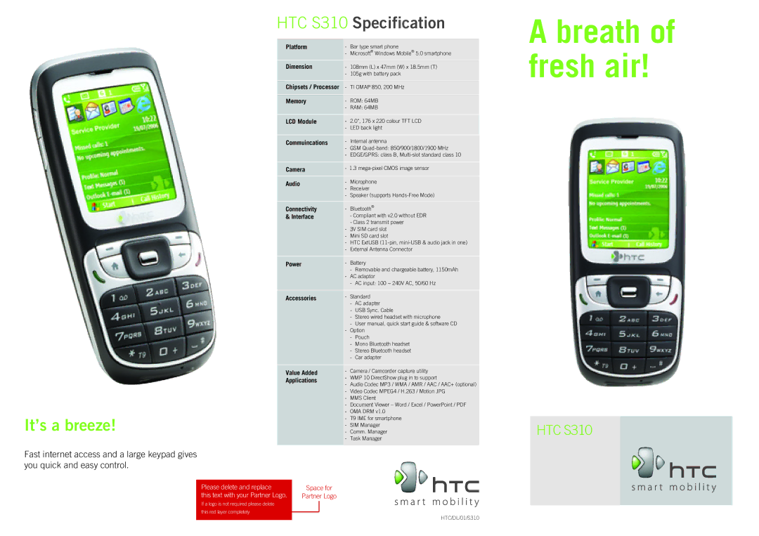 HTC HTC S310 user manual Platform, Dimension, Memory, LCD Module, Commuincations, Camera, Audio, Connectivity, Interface 