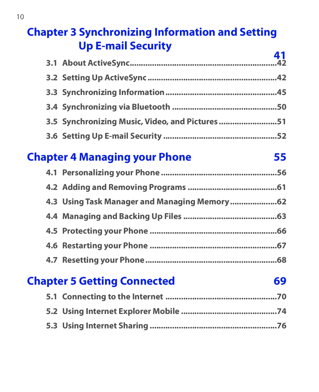 HTC HTC S621 user manual Up E-mail Security, Managing your Phone, Getting Connected 