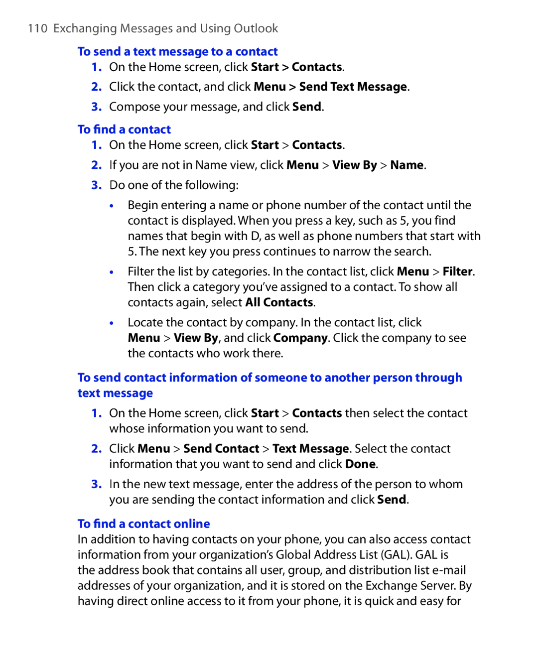 HTC HTC S621 user manual To send a text message to a contact, To ﬁnd a contact online 