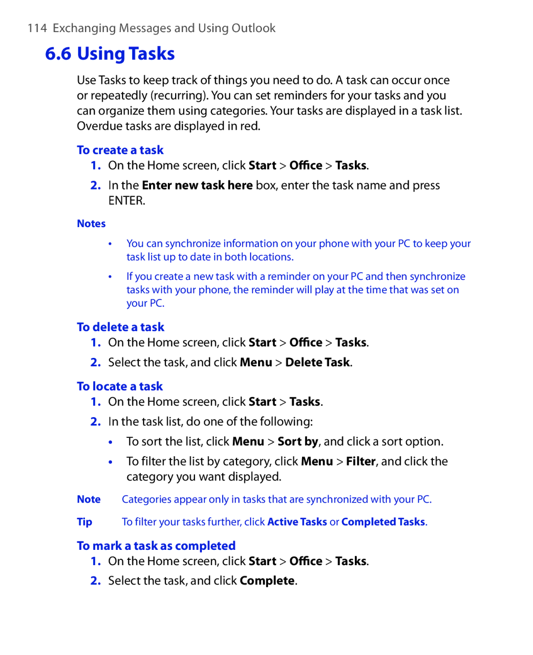 HTC HTC S621 user manual To create a task, To delete a task, To locate a task, To mark a task as completed 