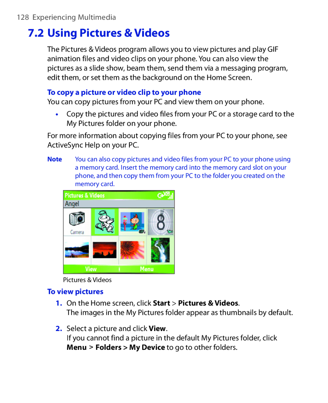 HTC HTC S621 user manual To copy a picture or video clip to your phone, To view pictures 