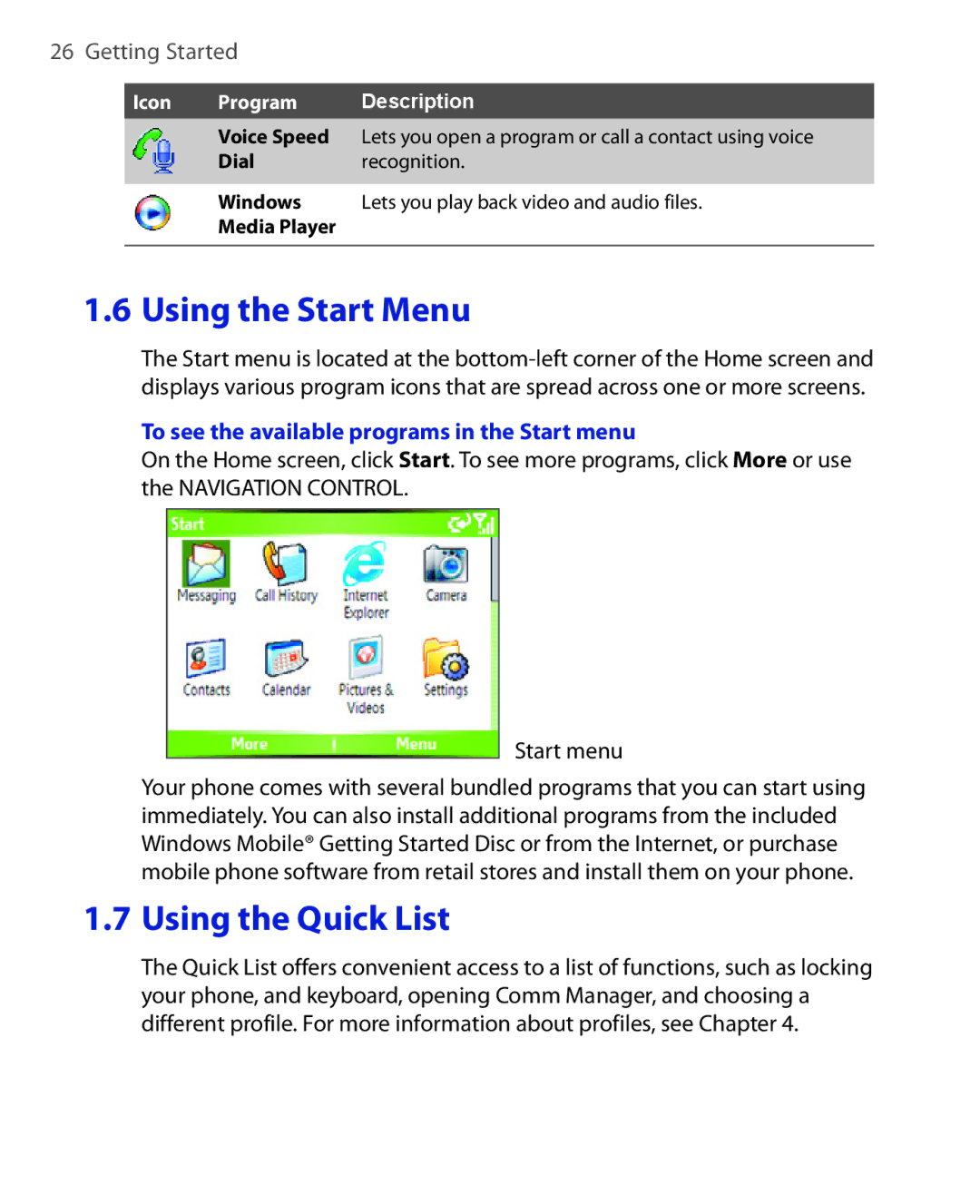 HTC HTC S621 user manual To see the available programs in the Start menu, Voice Speed 