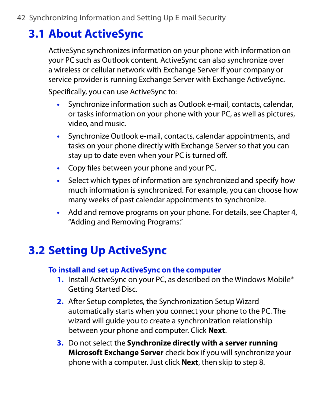 HTC HTC S621 user manual About ActiveSync, To install and set up ActiveSync on the computer 