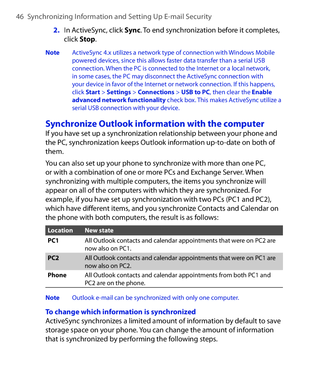 HTC HTC S621 user manual Synchronize Outlook information with the computer, To change which information is synchronized 