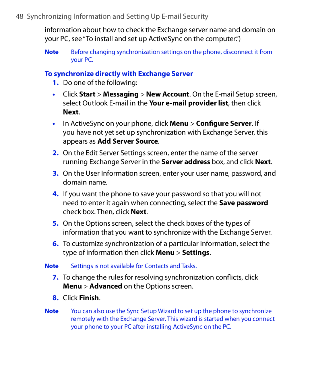 HTC HTC S621 user manual To synchronize directly with Exchange Server, Do one of the following, Next 