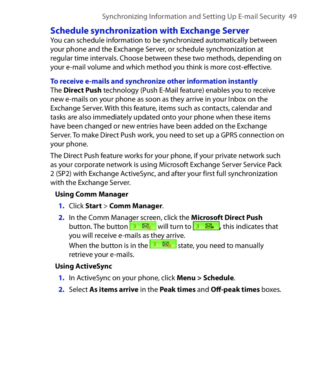 HTC HTC S621 Schedule synchronization with Exchange Server, Using Comm Manager Click Start Comm Manager, Using ActiveSync 