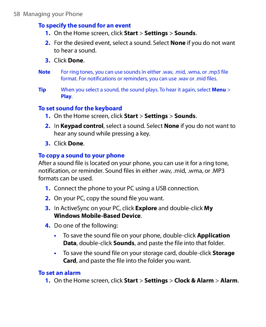 HTC HTC S621 user manual To specify the sound for an event, To set sound for the keyboard, To copy a sound to your phone 