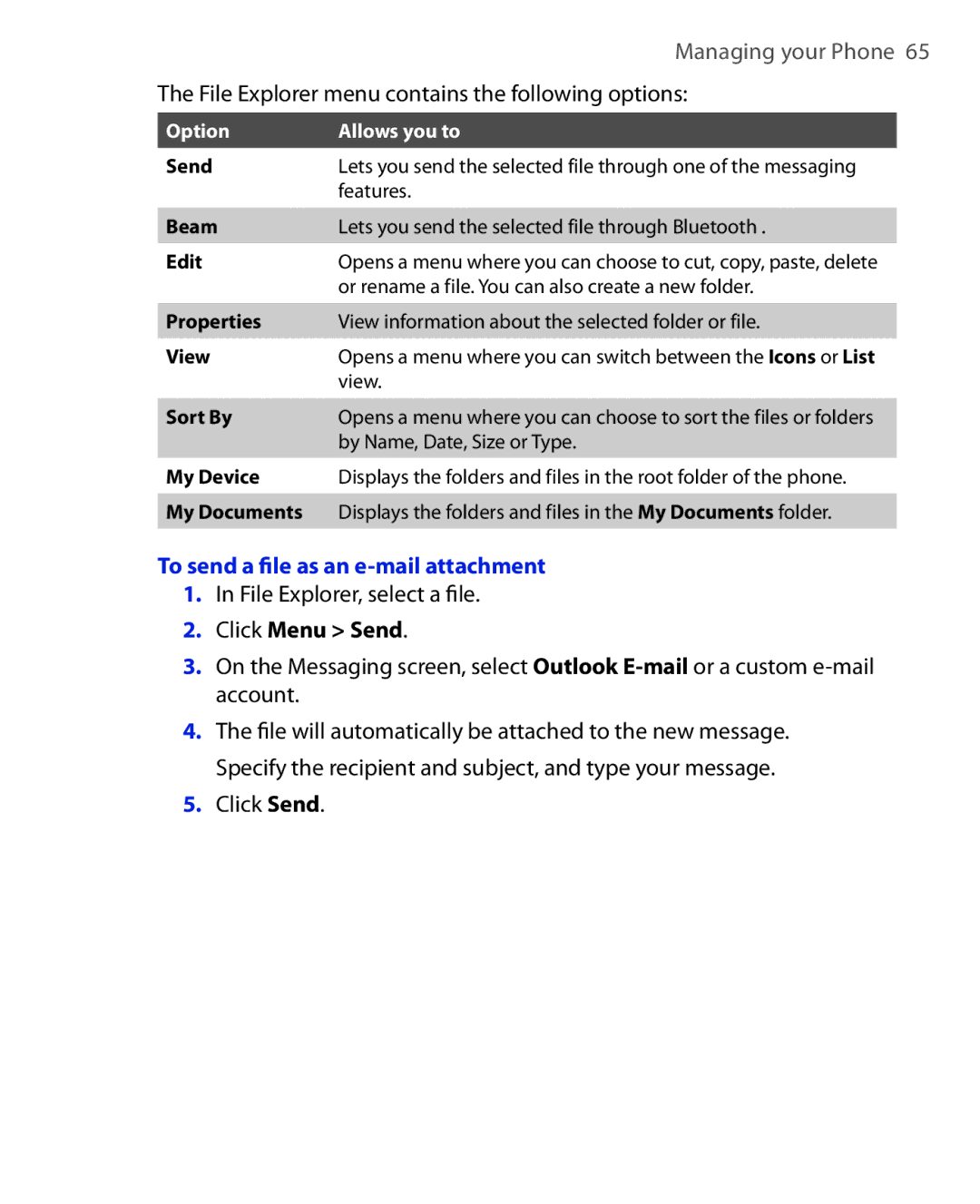 HTC HTC S621 File Explorer menu contains the following options, To send a ﬁle as an e-mail attachment, Click Menu Send 