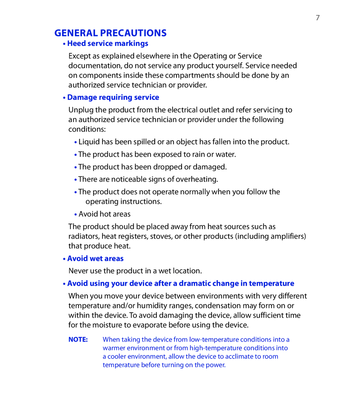 HTC HTC S621 Heed service markings, Damage requiring service, Avoid wet areas, Never use the product in a wet location 