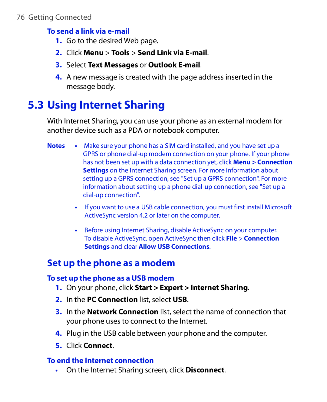 HTC HTC S621 user manual Set up the phone as a modem, To send a link via e-mail, To set up the phone as a USB modem 