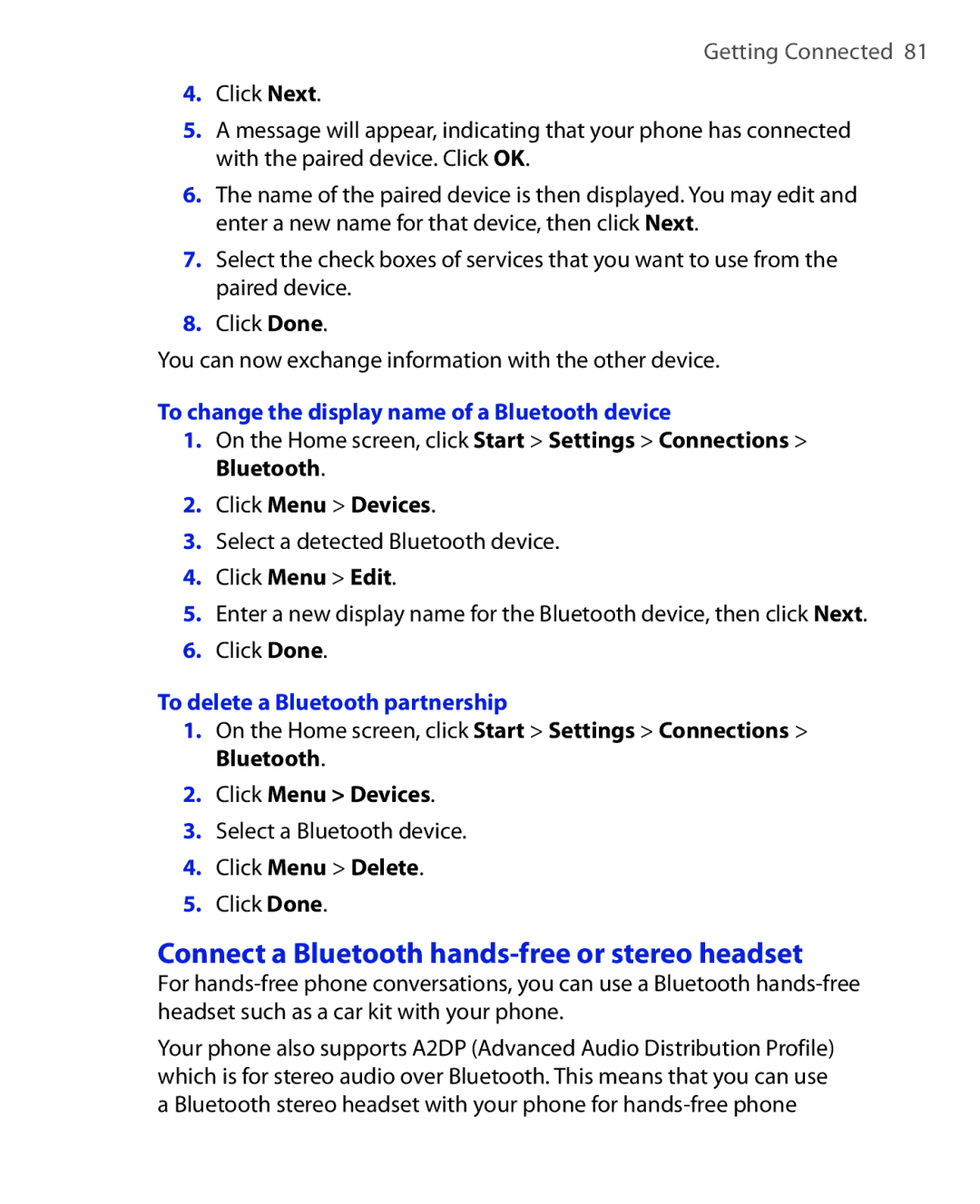 HTC HTC S621 user manual Connect a Bluetooth hands-free or stereo headset, To change the display name of a Bluetooth device 