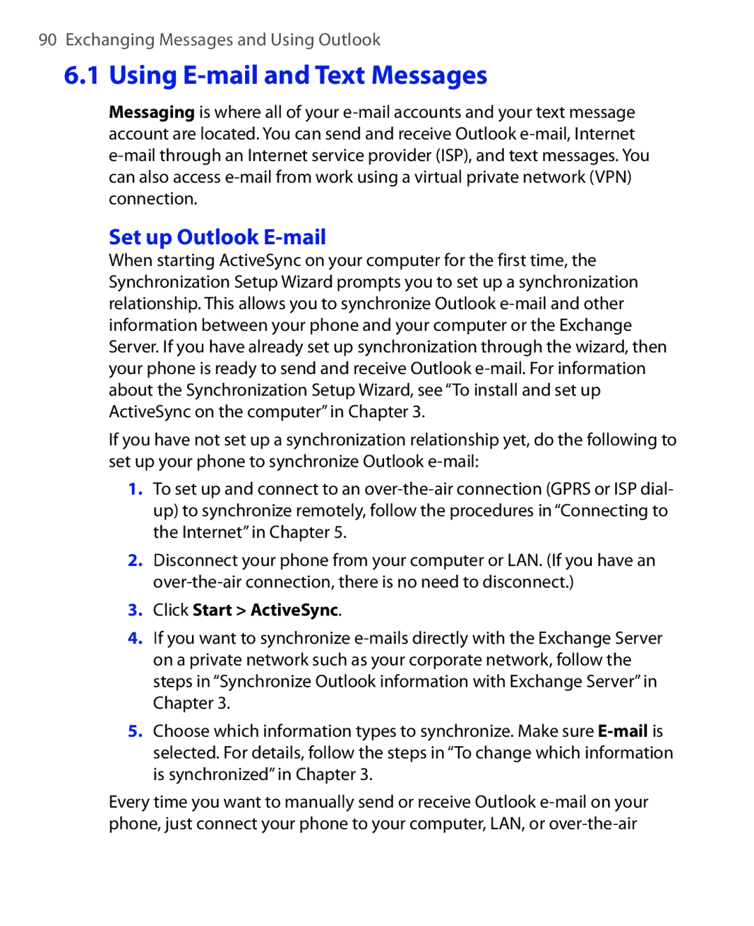 HTC HTC S621 user manual Using E-mail and Text Messages, Set up Outlook E-mail, Click Start ActiveSync 