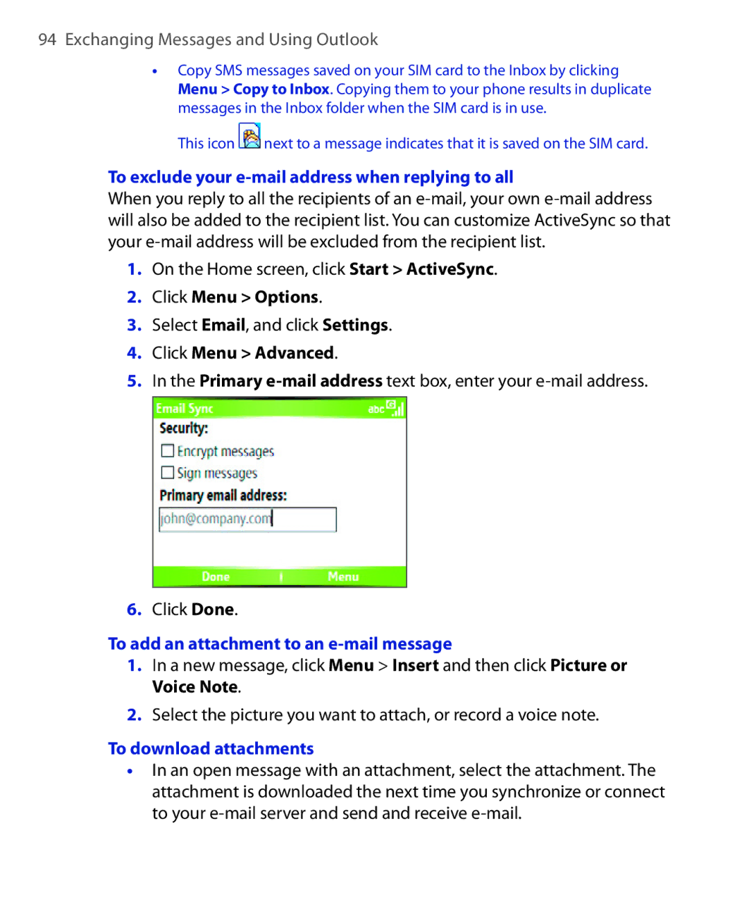 HTC HTC S621 To exclude your e-mail address when replying to all, To add an attachment to an e-mail message, Voice Note 