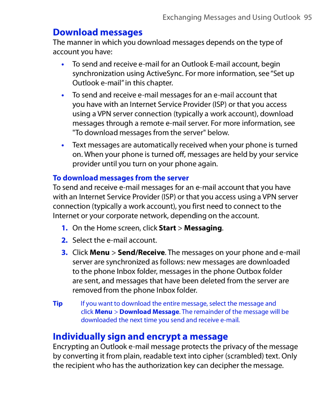 HTC HTC S621 user manual Download messages, Individually sign and encrypt a message, To download messages from the server 