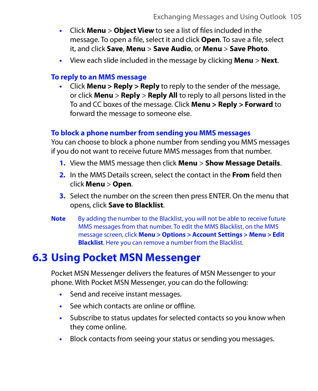 HTC HTC S621 user manual Using Pocket MSN Messenger, Exchanging Messages and Using Outlook, To reply to an MMS message 