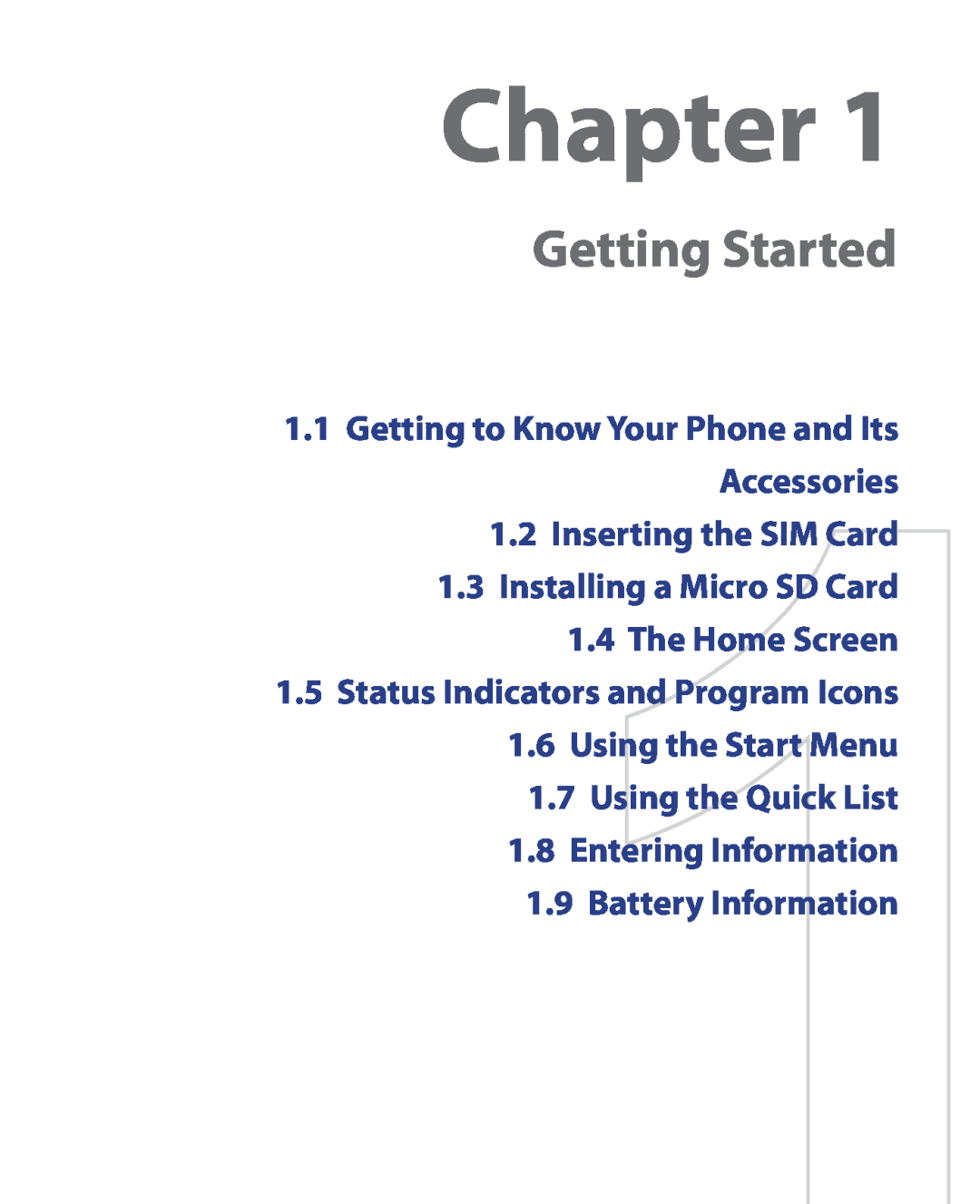 HTC HTC S621 user manual Chapter, Getting Started, Inserting the SIM Card 1.3 Installing a Micro SD Card 