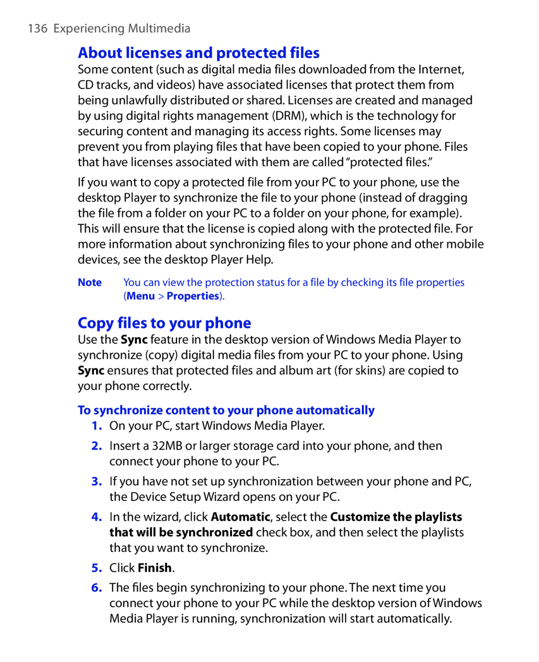 HTC HTC S621 user manual About licenses and protected files, Copy files to your phone, Experiencing Multimedia 