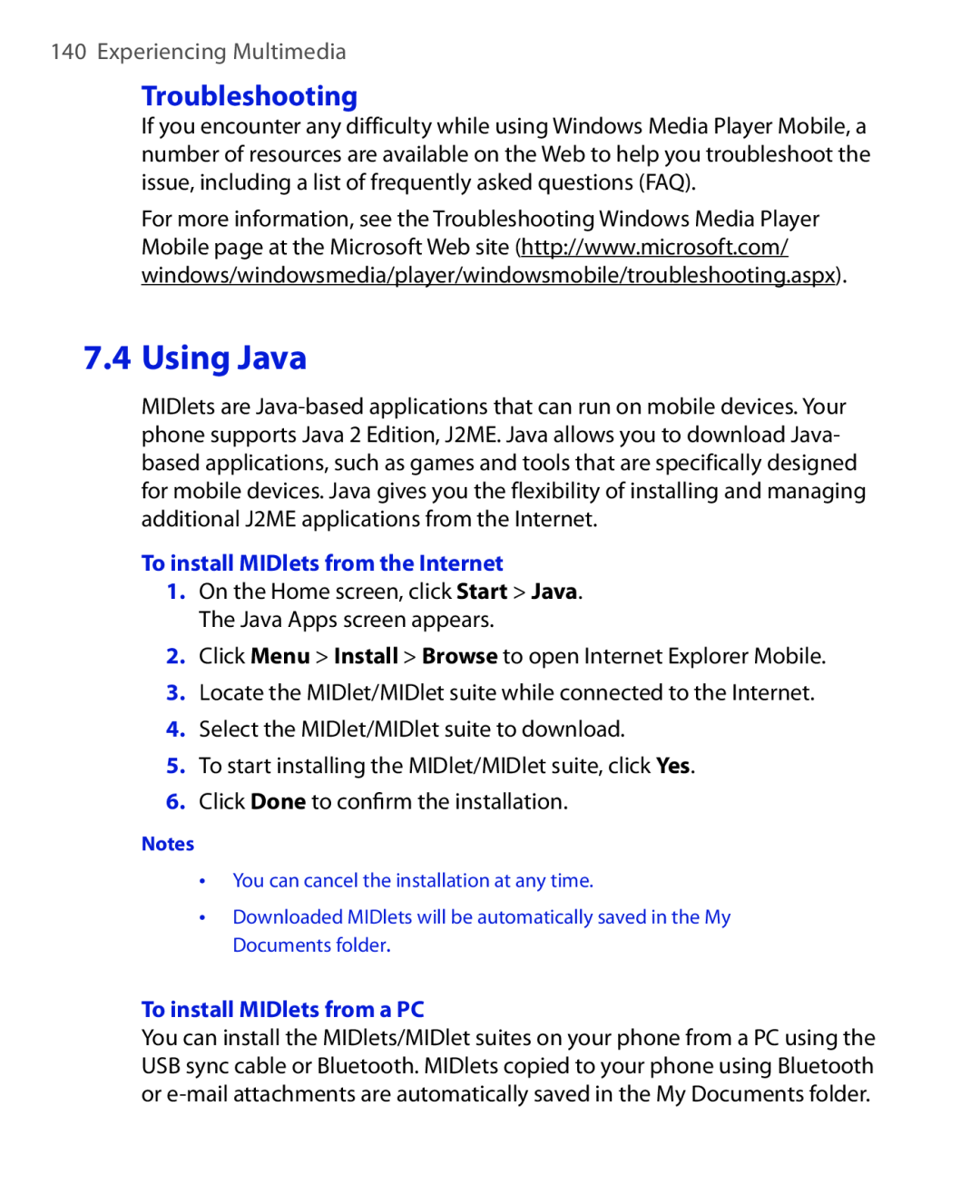 HTC HTC S621 user manual Using Java, Troubleshooting, Experiencing Multimedia, To install MIDlets from the Internet 