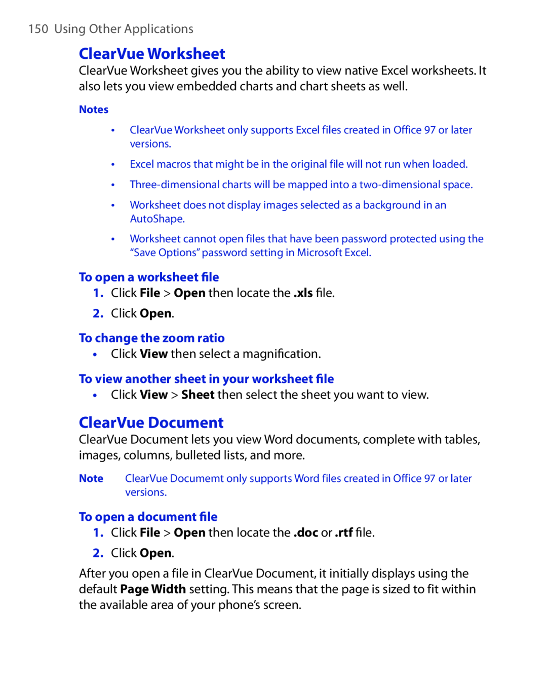 HTC HTC S621 user manual ClearVue Worksheet, ClearVue Document, Using Other Applications, To open a worksheet ﬁle 