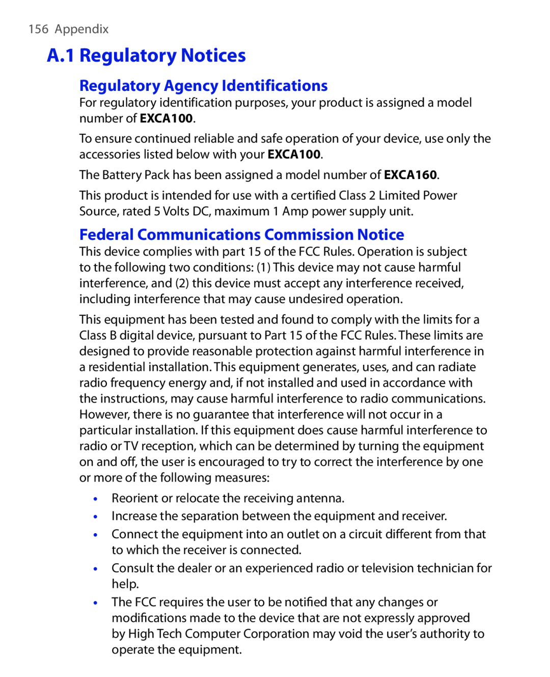 HTC HTC S621 A.1 Regulatory Notices, Regulatory Agency Identifications, Federal Communications Commission Notice, Appendix 