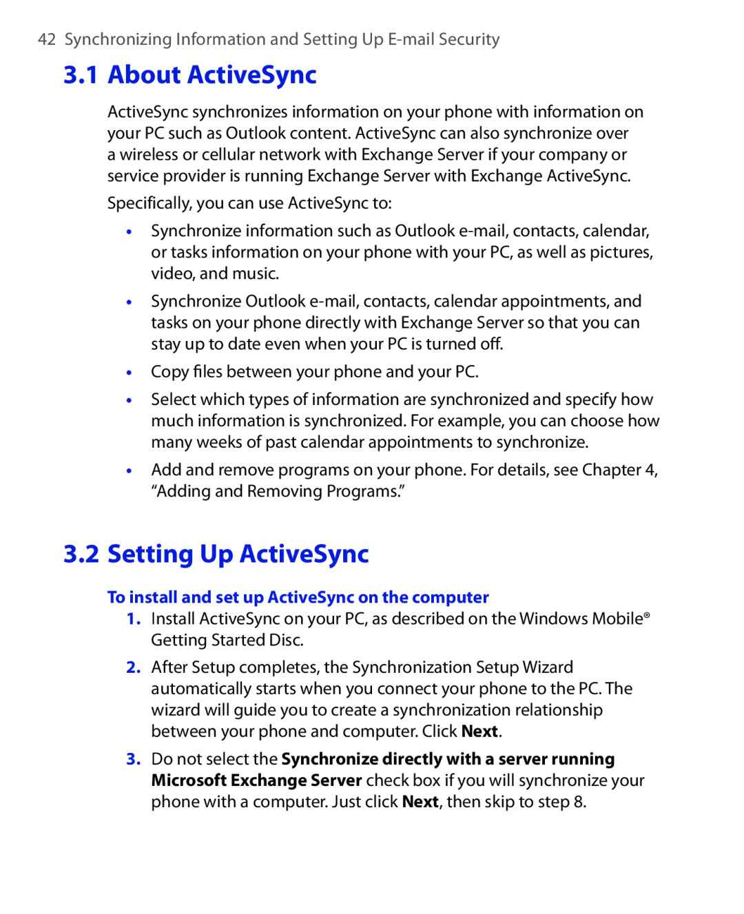 HTC HTC S621 user manual About ActiveSync, Setting Up ActiveSync, Synchronizing Information and Setting Up E-mail Security 