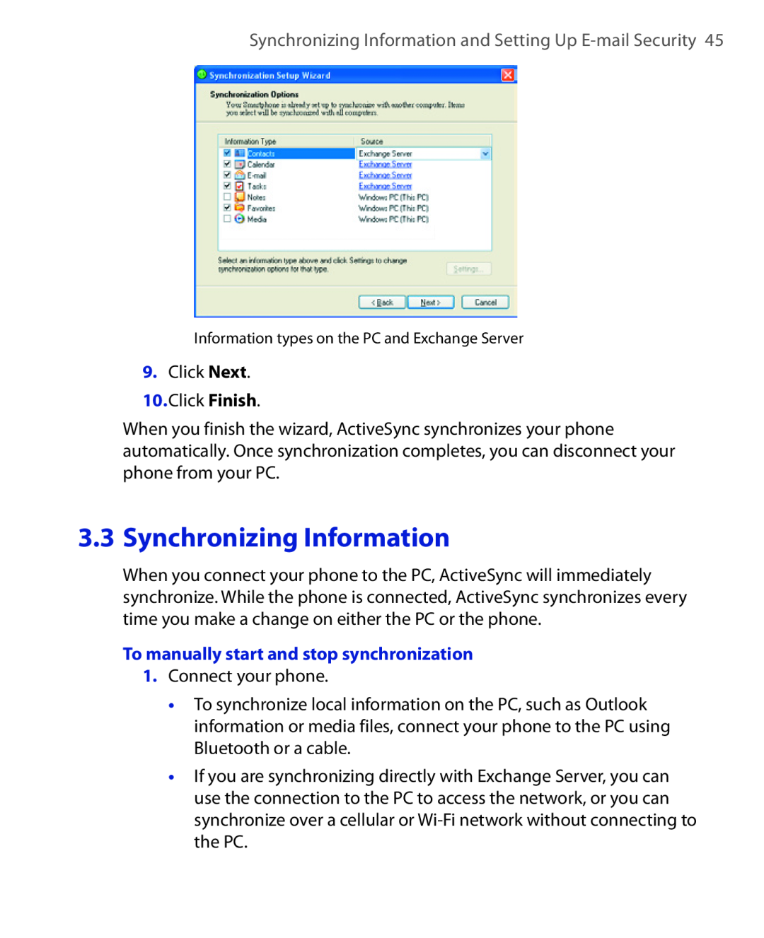 HTC HTC S621 Synchronizing Information and Setting Up E-mail Security, To manually start and stop synchronization 