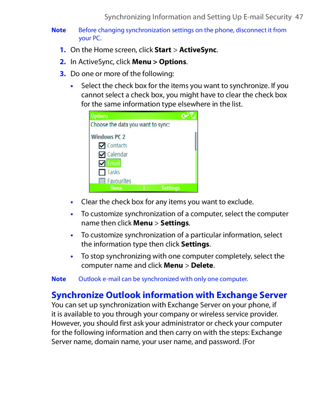 HTC HTC S621 user manual Synchronize Outlook information with Exchange Server 