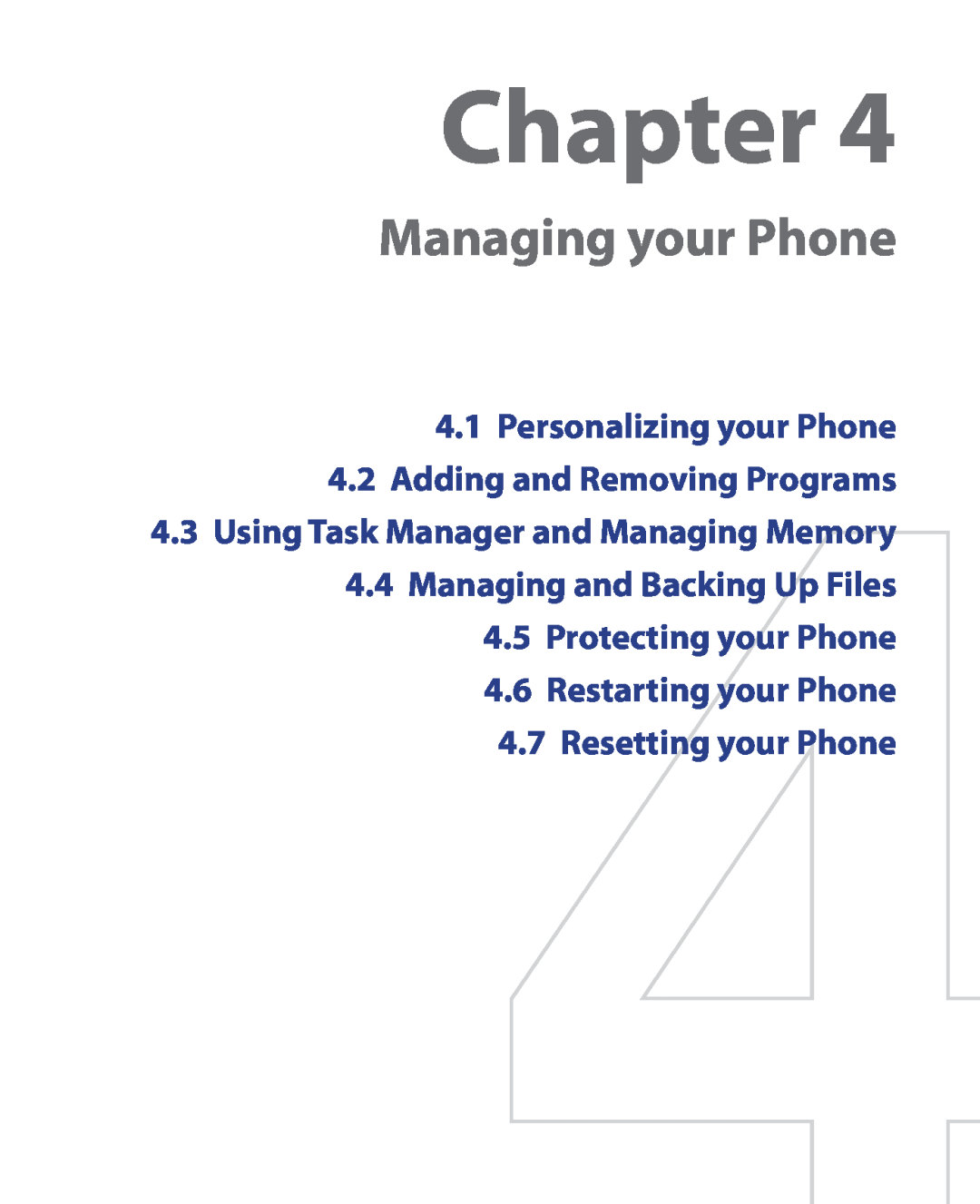 HTC HTC S621 user manual Managing your Phone, Personalizing your Phone 4.2 Adding and Removing Programs, Chapter 