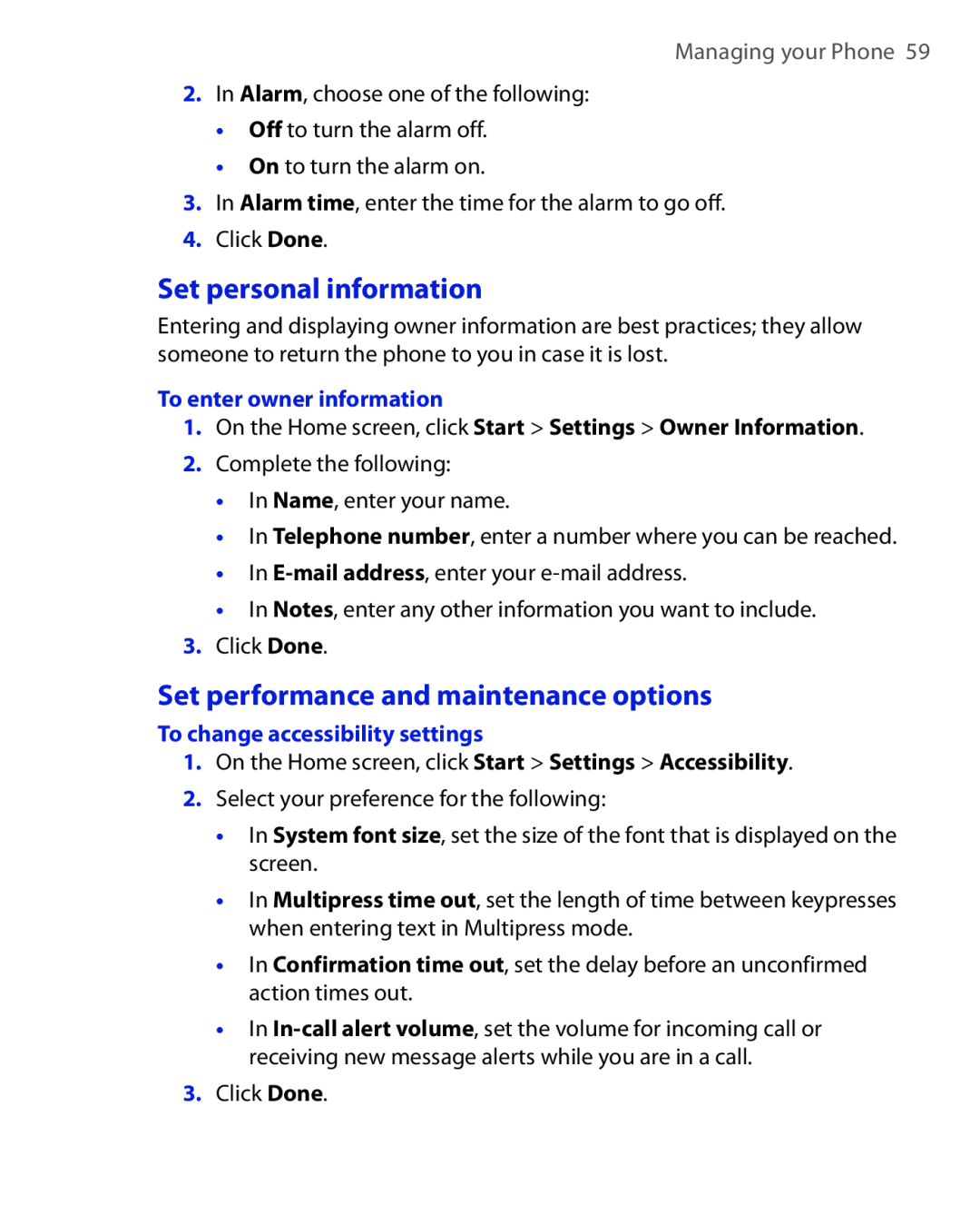 HTC HTC S621 user manual Set personal information, Set performance and maintenance options, Managing your Phone 