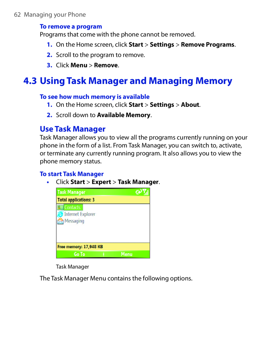 HTC HTC S621 user manual Use Task Manager, Using Task Manager and Managing Memory, Managing your Phone, To remove a program 