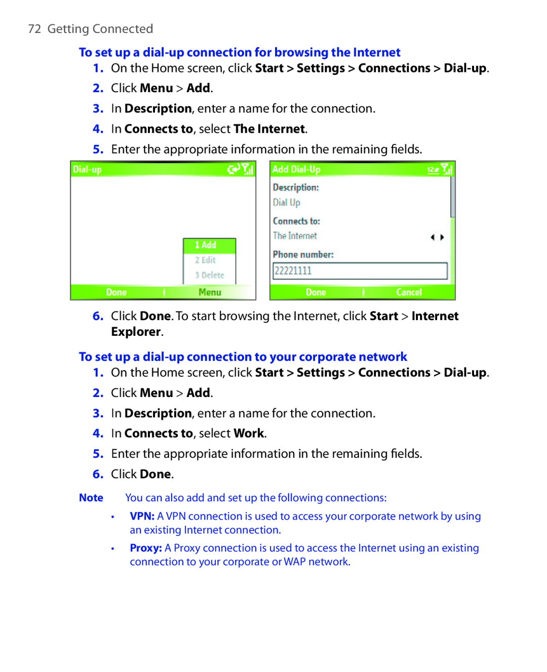 HTC HTC S621 user manual Getting Connected, To set up a dial-up connection for browsing the Internet, Explorer 