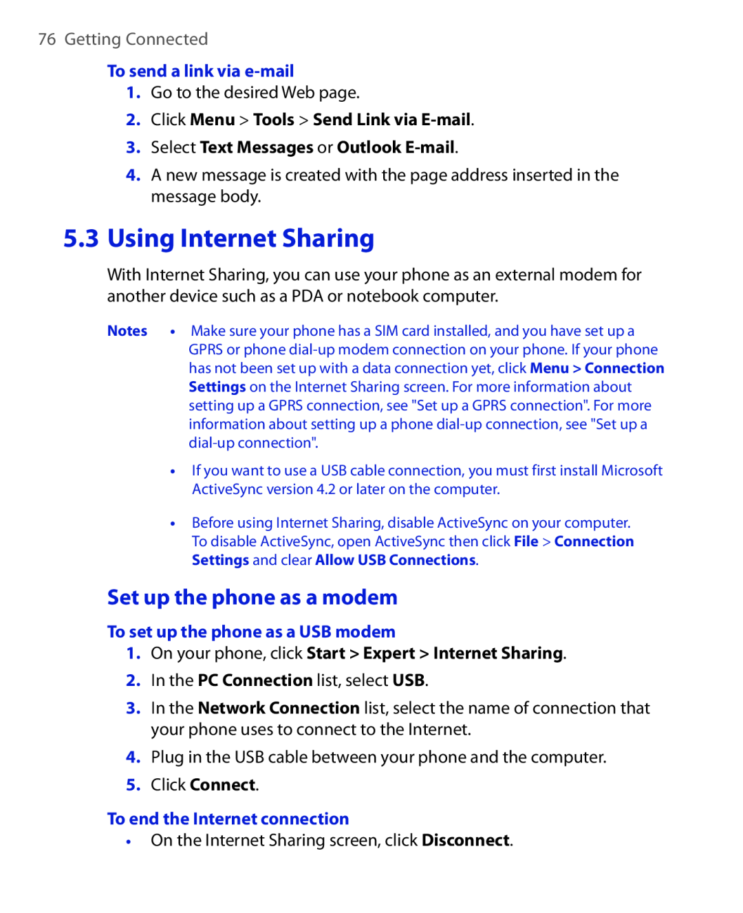 HTC HTC S621 user manual Using Internet Sharing, Set up the phone as a modem, Getting Connected, To send a link via e-mail 