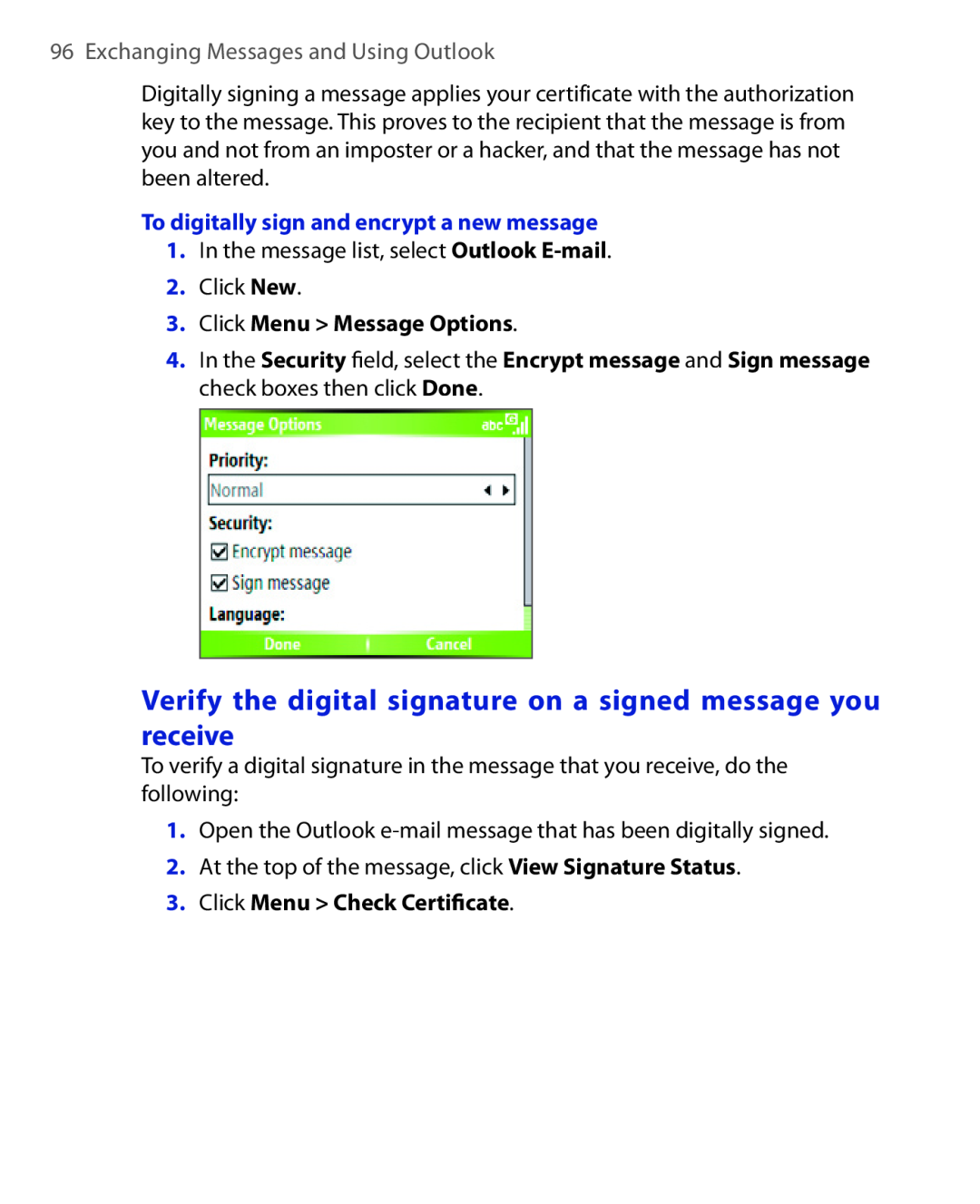 HTC HTC S621 Verify the digital signature on a signed message you receive, Exchanging Messages and Using Outlook 