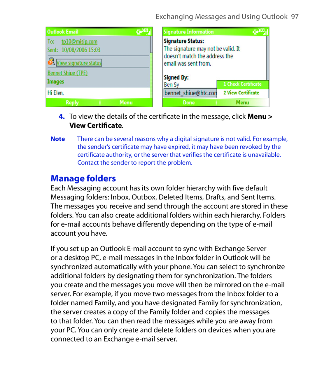 HTC HTC S621 user manual Manage folders, Exchanging Messages and Using Outlook, View Certiﬁcate 