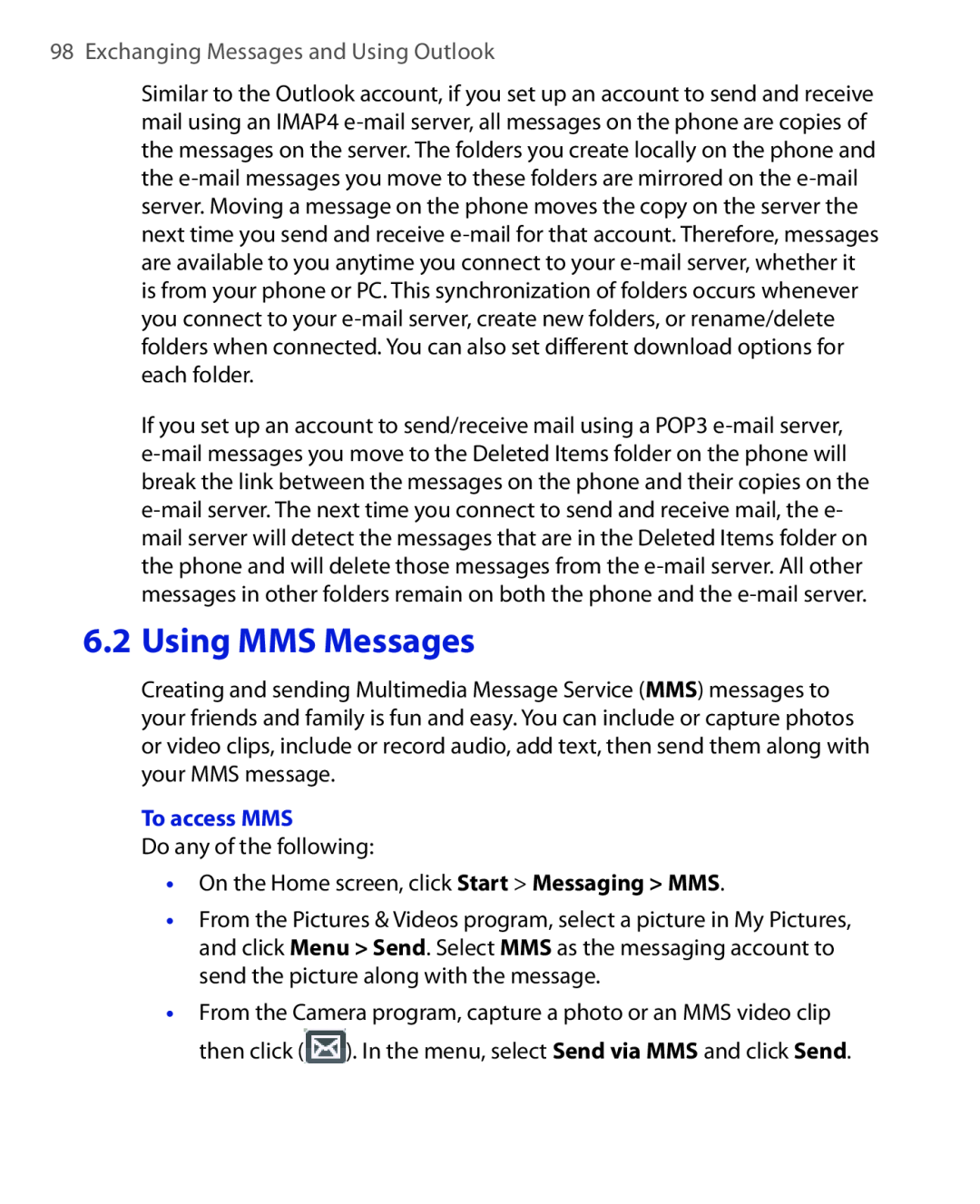 HTC HTC S621 user manual Using MMS Messages, Exchanging Messages and Using Outlook, To access MMS 