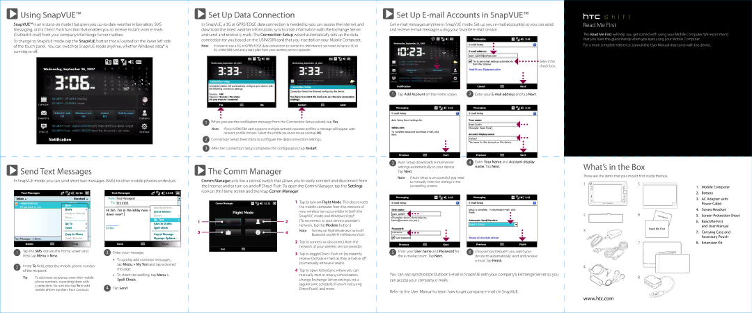 HTC HTC Shift user manual Using SnapVUE, Set Up Data Connection Set Up E-mail Accounts in SnapVUE, Send Text Messages 