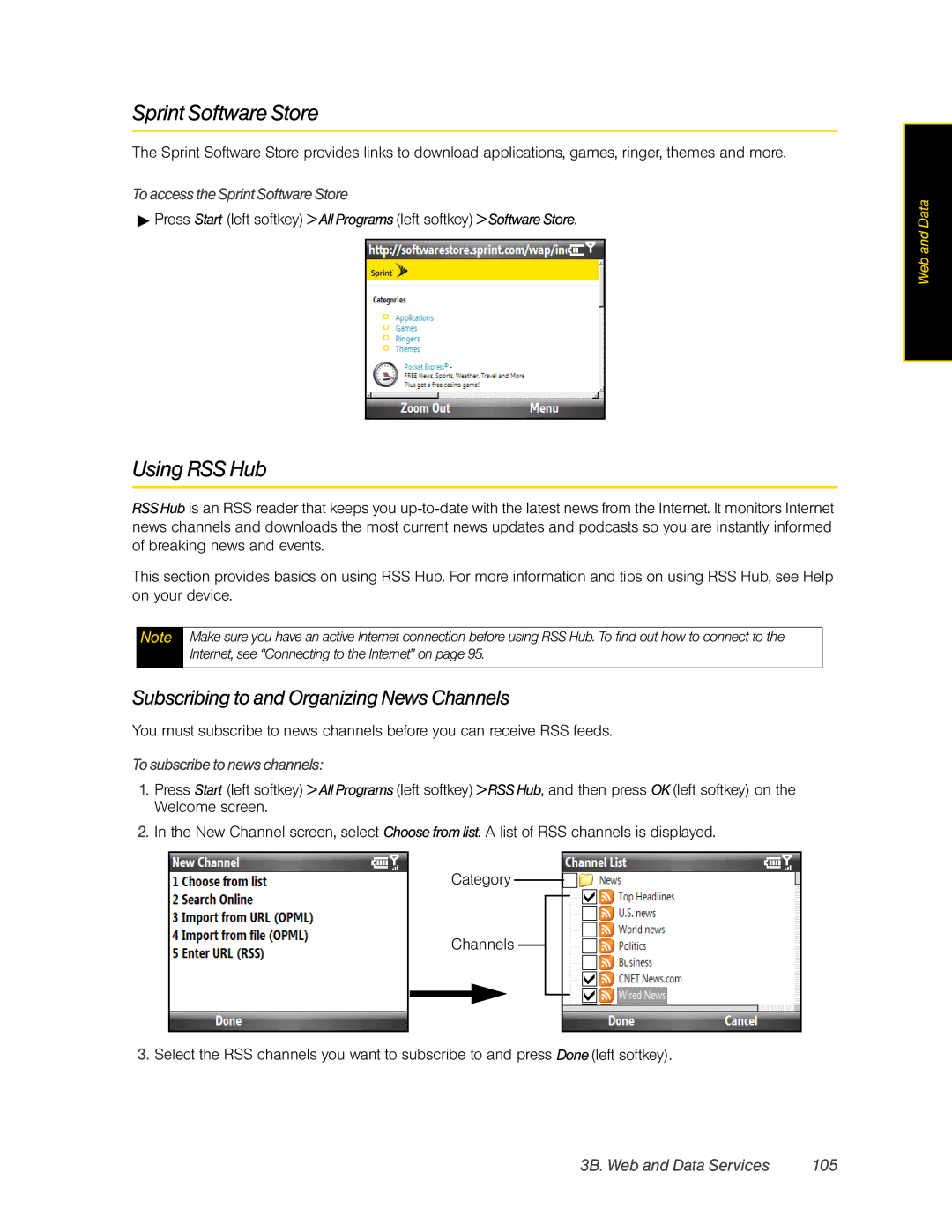 HTC CEDA200, HTC Snap manual Sprint Software Store, Using RSS Hub, Subscribing to and Organizing News Channels 