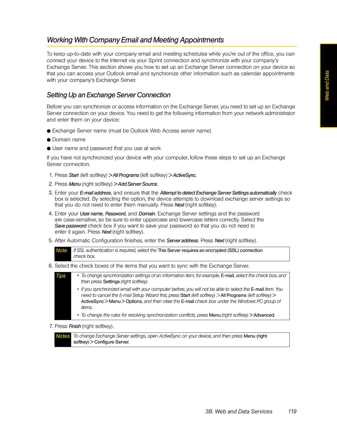 HTC CEDA200, HTC Snap manual Working With Company Email and Meeting Appointments, Setting Up an Exchange Server Connection 