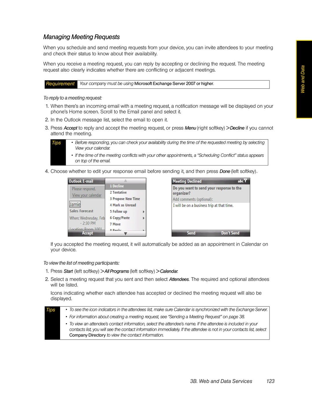 HTC CEDA200, HTC Snap manual Managing Meeting Requests, 3B. Web and Data Services 123, To reply to a meeting request 