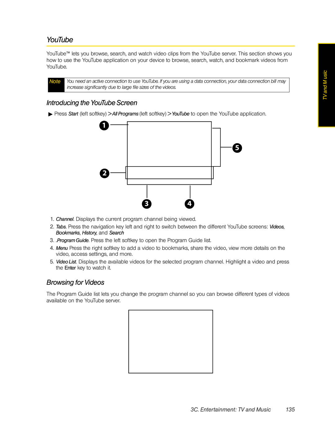 HTC CEDA200, HTC Snap manual Introducing the YouTube Screen, Browsing for Videos, 3C. Entertainment TV and Music 135 