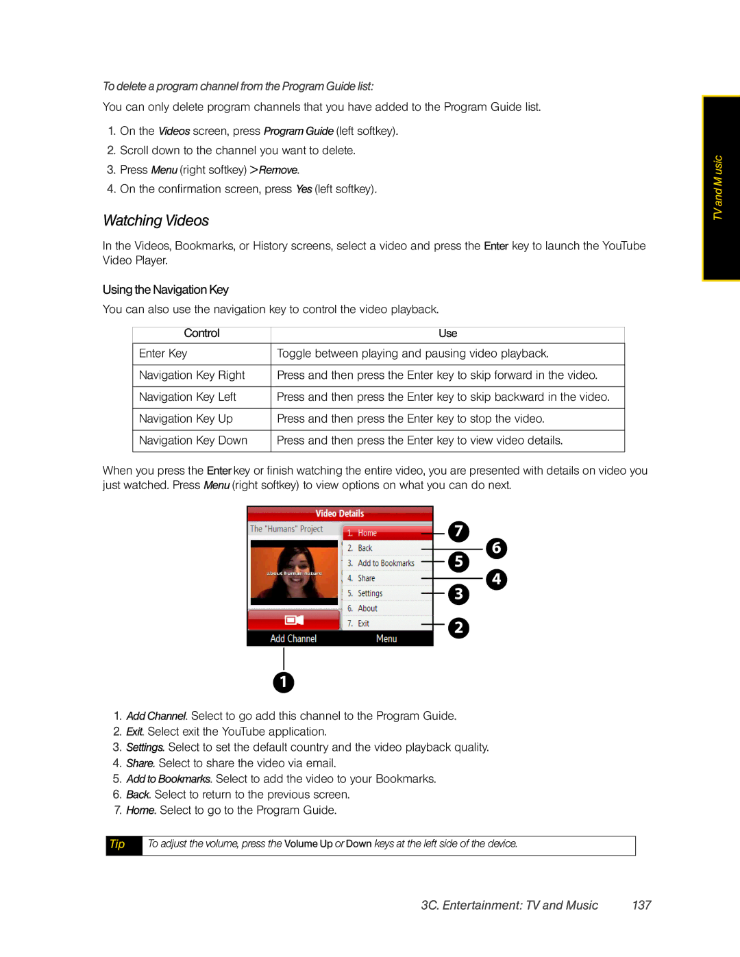 HTC CEDA200, HTC Snap manual Watching Videos, UsingtheNavigation Key, 3C. Entertainment TV and Music 137 