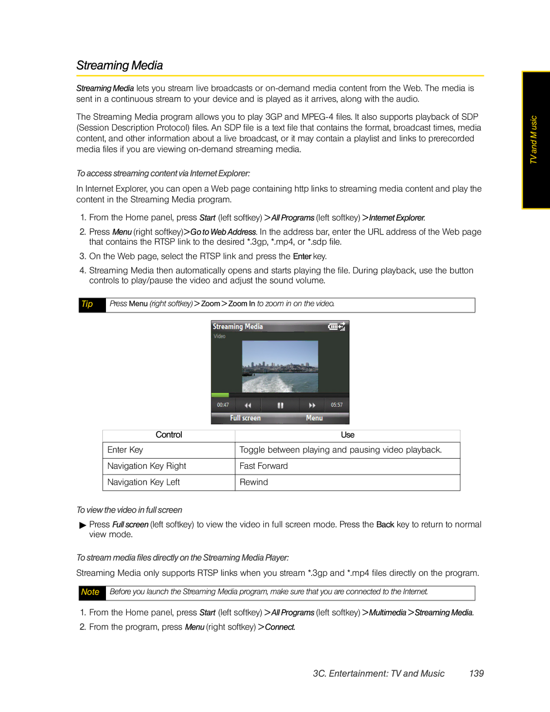 HTC CEDA200 manual Streaming Media, 3C. Entertainment TV and Music 139, To access streaming content via Internet Explorer 