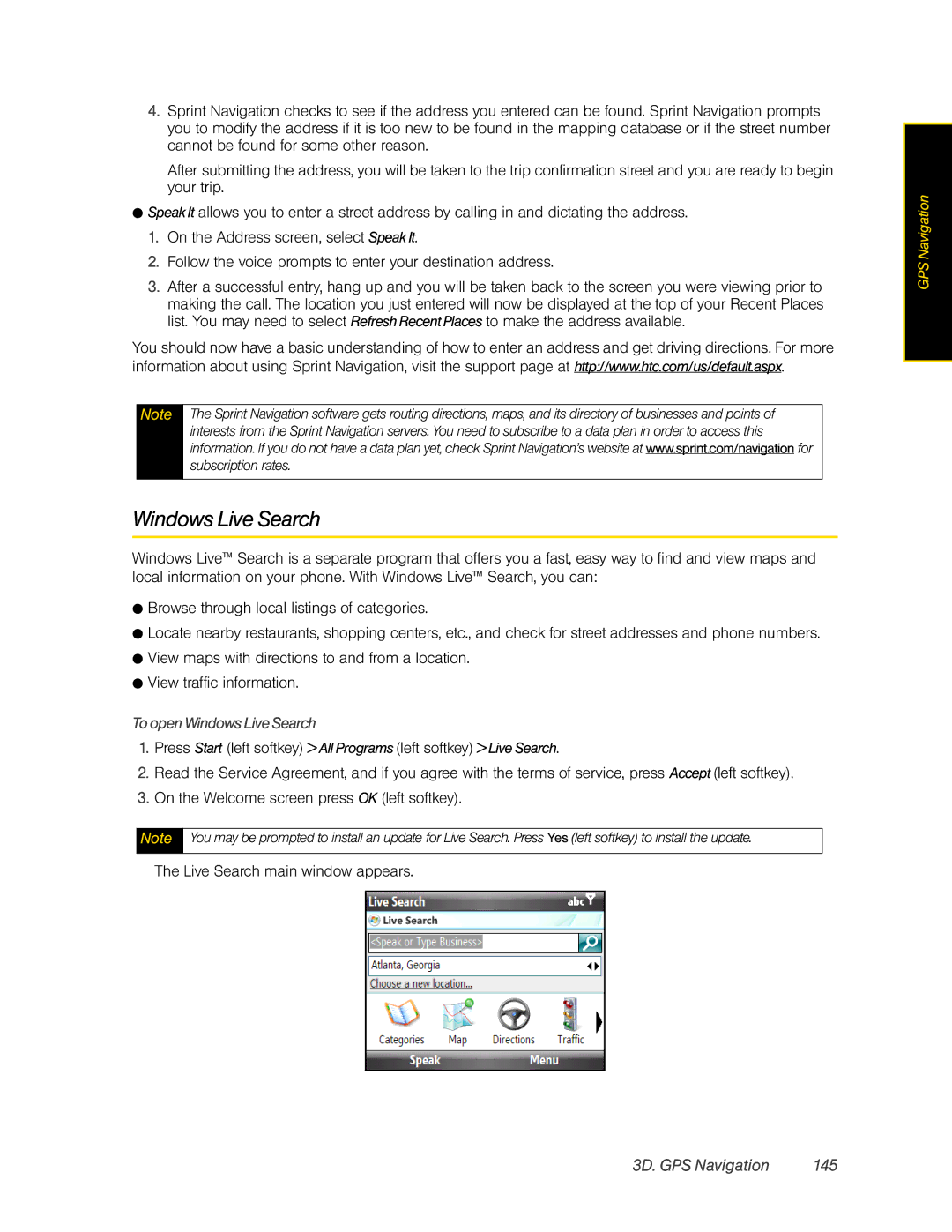 HTC CEDA200, HTC Snap manual 3D. GPS Navigation 145, To open Windows Live Search 